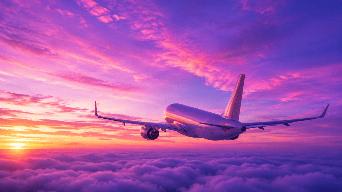 Avião comercial voando acima das nuvens durante o pôr do sol
