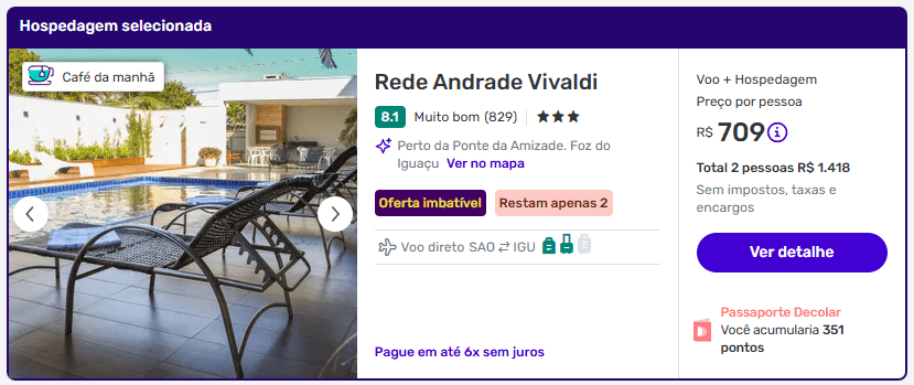Resultado de busca na Decolar mostrando pacote para Foz do Iguaçu com voo e hotel por R$ 709 por pessoa, sem taxas