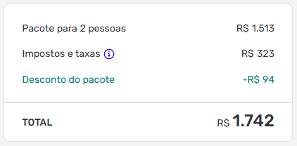 Tela de pagamento da Decolar mostrando valor total de R$ 1.742 para duas pessoas, com taxas e encargos incluídos