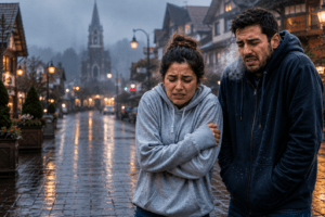 Casal usando moletons comuns sente frio em rua úmida e gelada de Gramado durante uma noite de inverno.