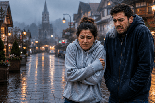 Casal usando moletons comuns sente frio em rua úmida e gelada de Gramado durante uma noite de inverno.