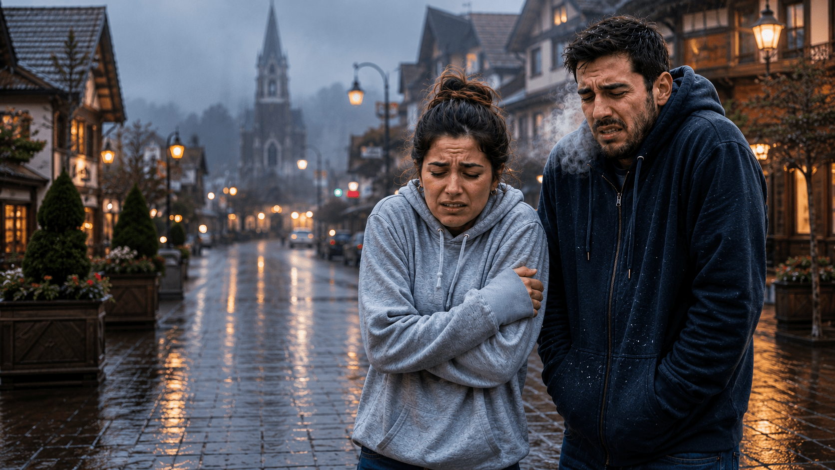 Casal usando moletons comuns sente frio em rua úmida e gelada de Gramado durante uma noite de inverno.