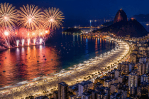 Fogos de artifício no réveillon de Copacabana com vista aérea da praia e da orla do Rio de Janeiro à noite