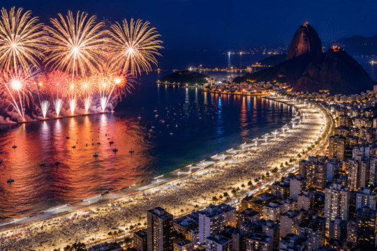Fogos de artifício no réveillon de Copacabana com vista aérea da praia e da orla do Rio de Janeiro à noite