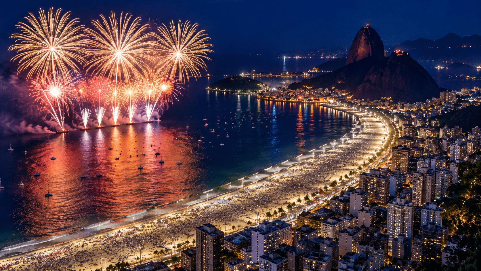 Fogos de artifício no réveillon de Copacabana com vista aérea da praia e da orla do Rio de Janeiro à noite