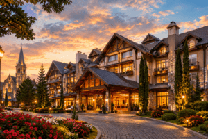Hotel em estilo europeu iluminado ao entardecer em Gramado, com jardins floridos, rua de pedra e igreja ao fundo