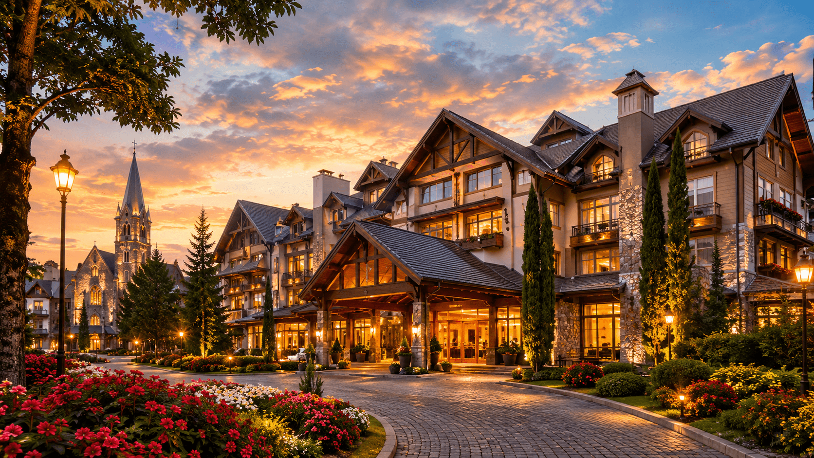 Hotel em estilo europeu iluminado ao entardecer em Gramado, com jardins floridos, rua de pedra e igreja ao fundo
