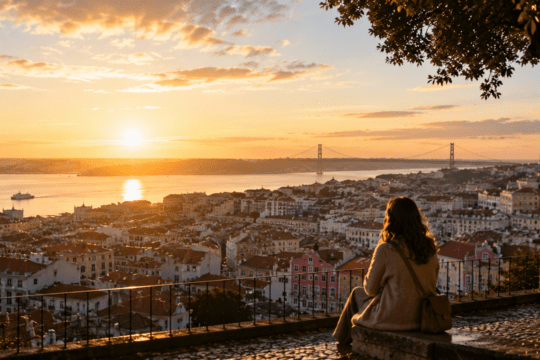 Mulher observando Lisboa ao pôr do sol em mirante com vista para a cidade e o rio Tejo.