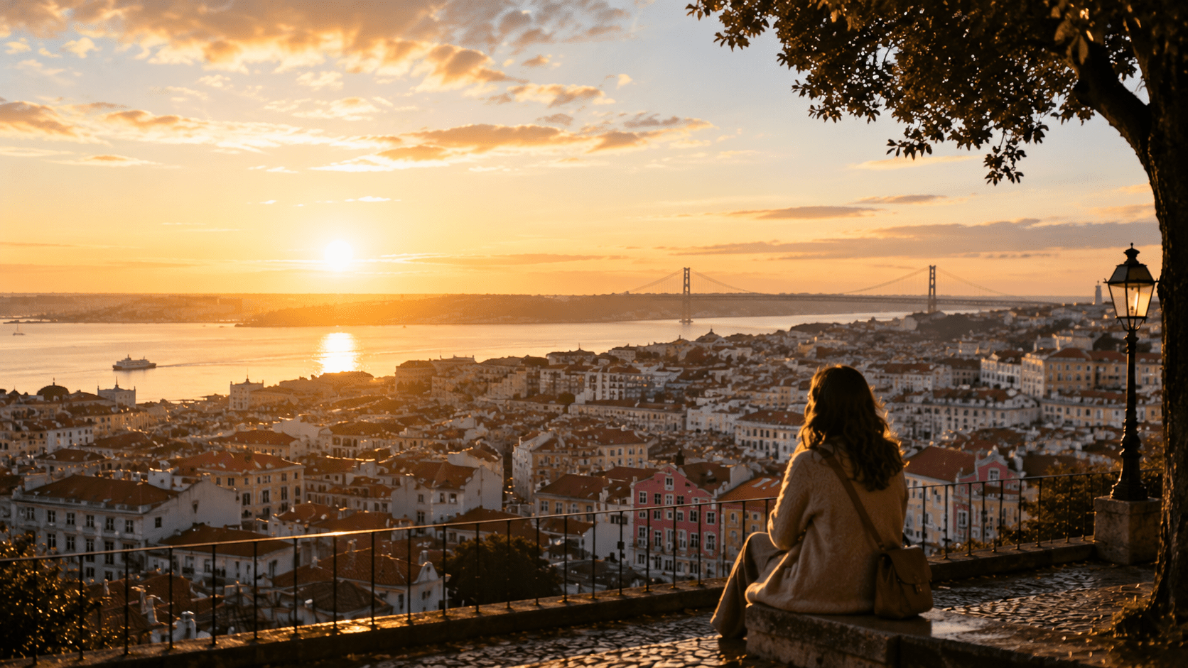 Mulher observando Lisboa ao pôr do sol em mirante com vista para a cidade e o rio Tejo.