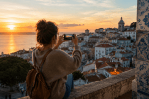 Pessoa fotografando o pôr do sol em uma cidade europeia durante uma viagem, vista de um mirante com o mar ao fundo.