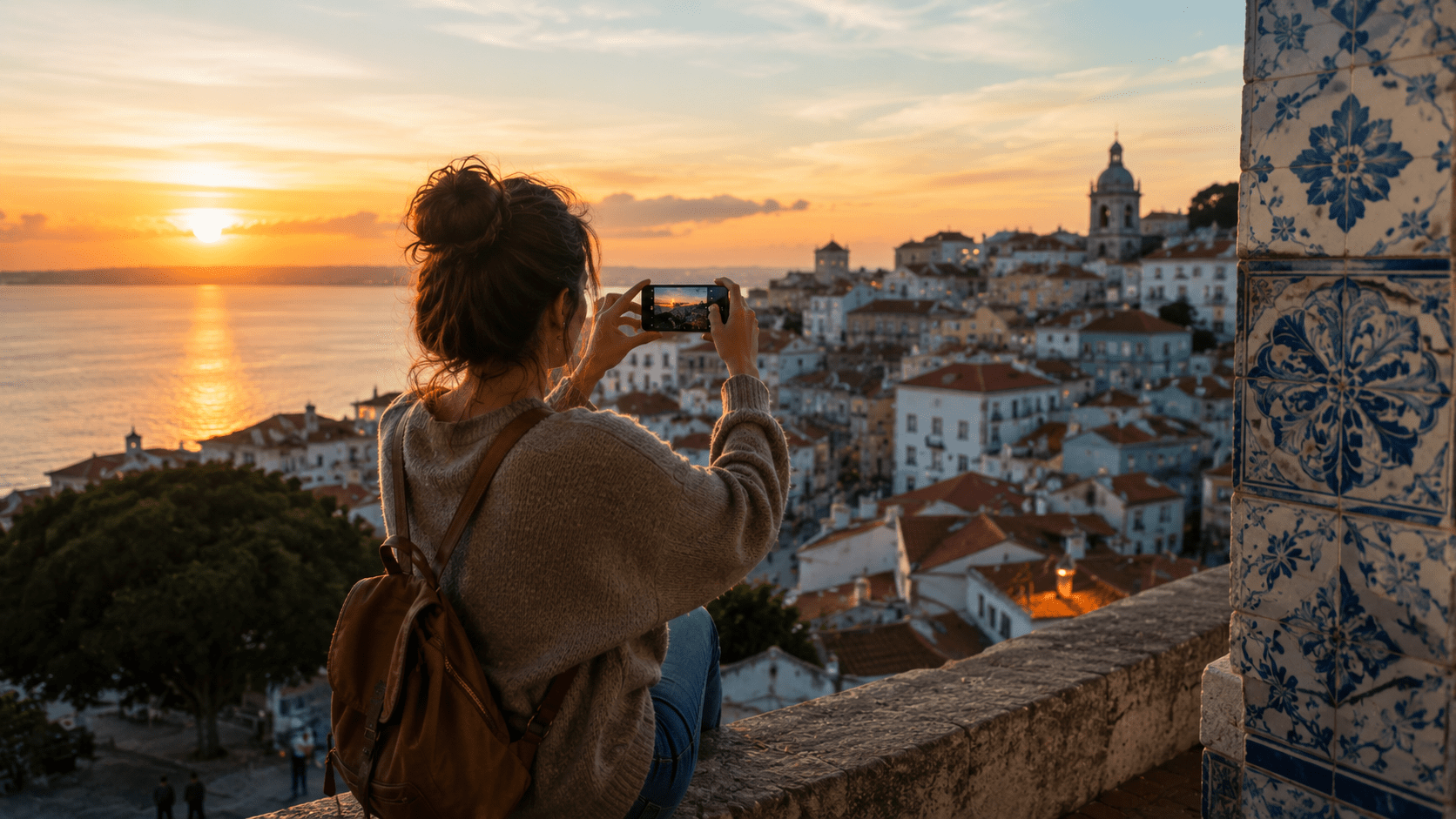 Pessoa fotografando o pôr do sol em uma cidade europeia durante uma viagem, vista de um mirante com o mar ao fundo.