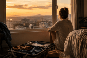 Pessoa sentada ao lado da janela observando o pôr do sol, com mala aberta no quarto após uma viagem.