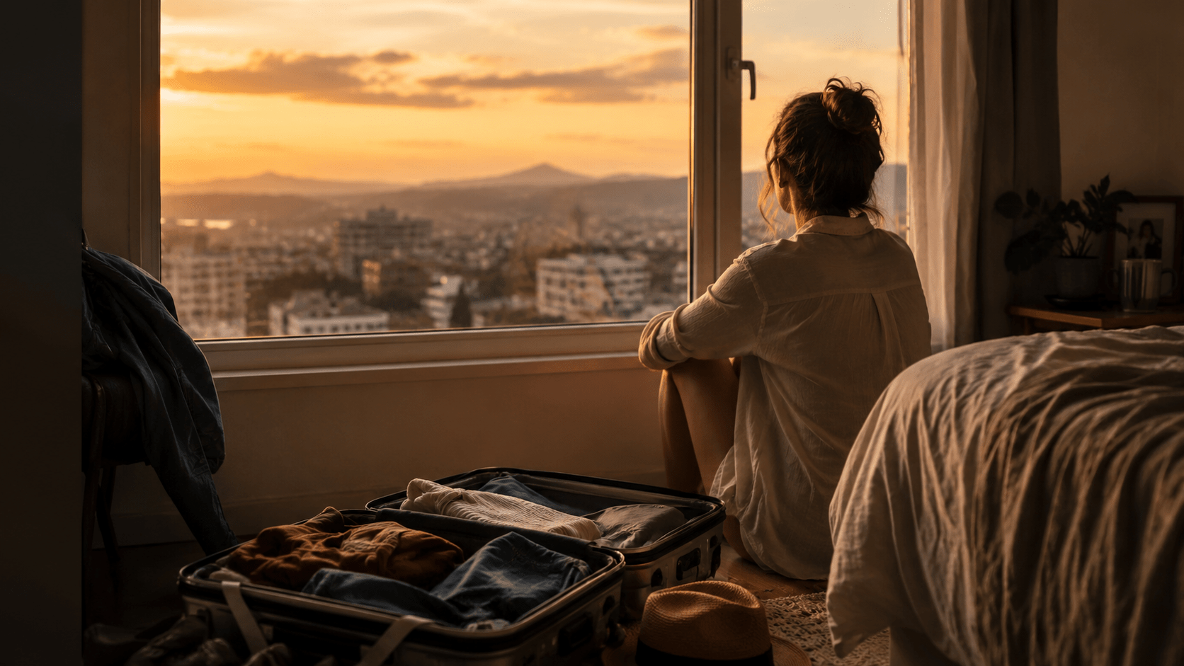 Pessoa sentada ao lado da janela observando o pôr do sol, com mala aberta no quarto após uma viagem.