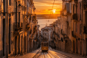 Rua europeia iluminada pelo pôr do sol com bonde amarelo descendo em direção ao rio entre prédios históricos.