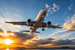 avião comercial grande em voo baixo durante o pôr do sol, com céu dramático e nuvens iluminadas ao fundo