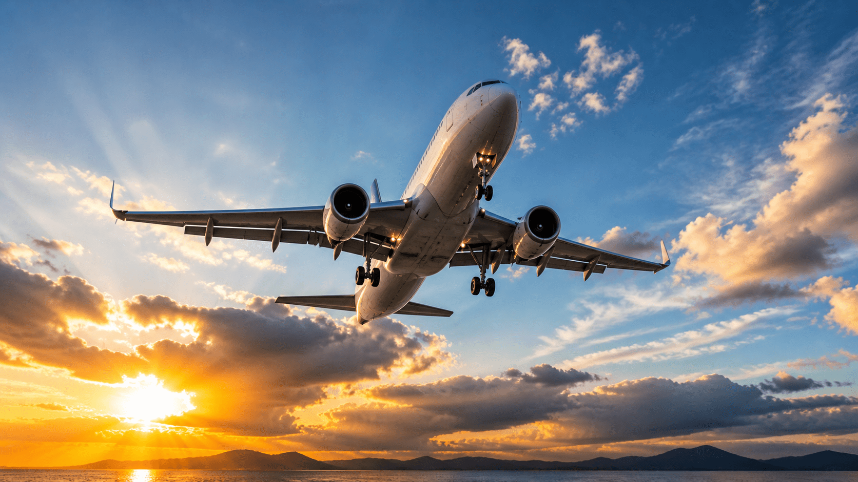 avião comercial grande em voo baixo durante o pôr do sol, com céu dramático e nuvens iluminadas ao fundo