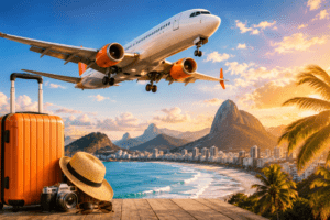 Avião comercial sobrevoando praia tropical ao pôr do sol com mala de viagem em primeiro plano e cenário turístico ao fundo.