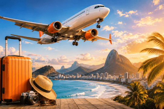 Avião comercial sobrevoando praia tropical ao pôr do sol com mala de viagem em primeiro plano e cenário turístico ao fundo.