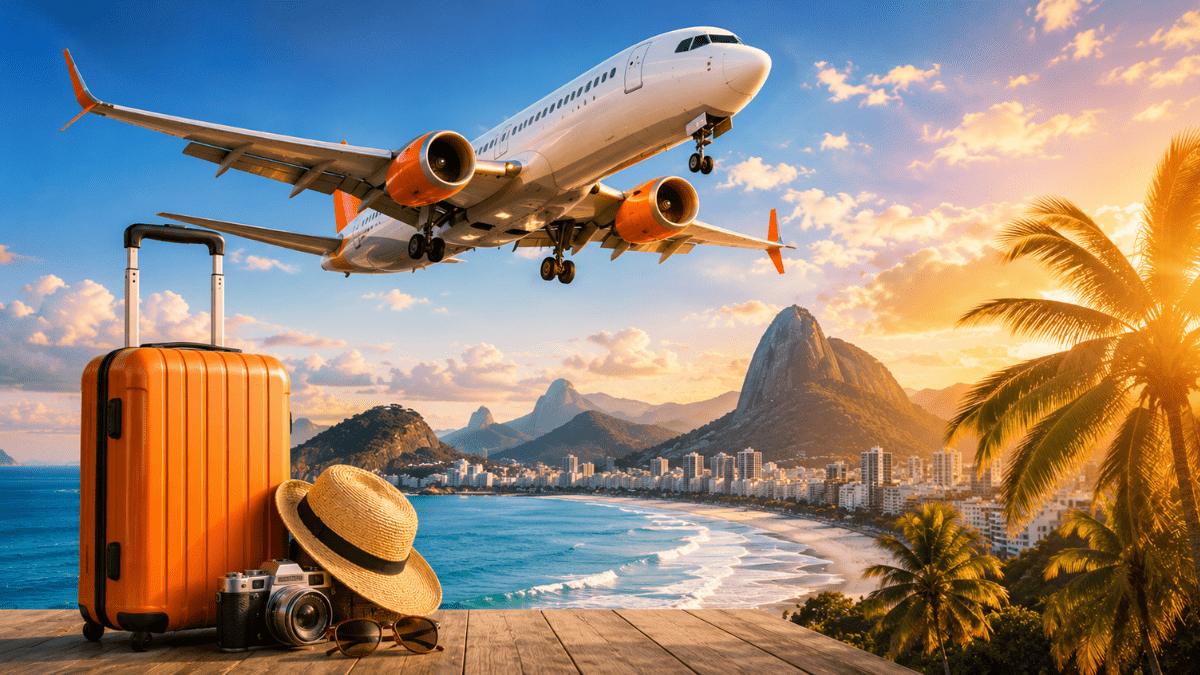 Avião comercial sobrevoando praia tropical ao pôr do sol com mala de viagem em primeiro plano e cenário turístico ao fundo.