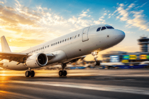 Avião decolando no aeroporto com raios de sol ao fundo