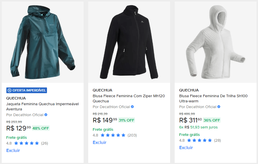 Três peças de roupa para frio da Decathlon: jaqueta impermeável verde, fleece preto com zíper e fleece branco com capuz exibidos em ofertas promocionais