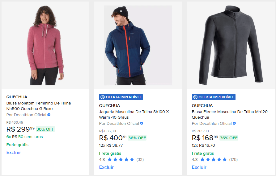 Três peças de roupa para frio da Decathlon em promoção: moletom feminino rosa, jaqueta masculina azul com capuz e fleece masculino preto.