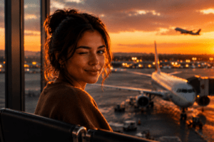 Mulher piscando em aeroporto durante o pôr do sol com avião ao fundo e luzes da pista iluminadas