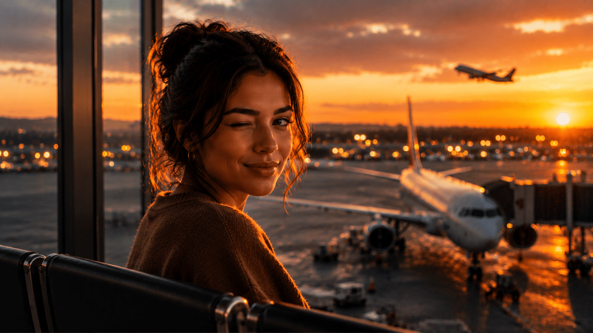 Mulher piscando em aeroporto durante o pôr do sol com avião ao fundo e luzes da pista iluminadas