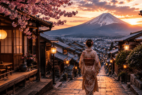Rua tradicional japonesa ao entardecer com casas de madeira iluminadas, cerejeiras floridas, mulher de quimono caminhando e Monte Fuji ao fundo.