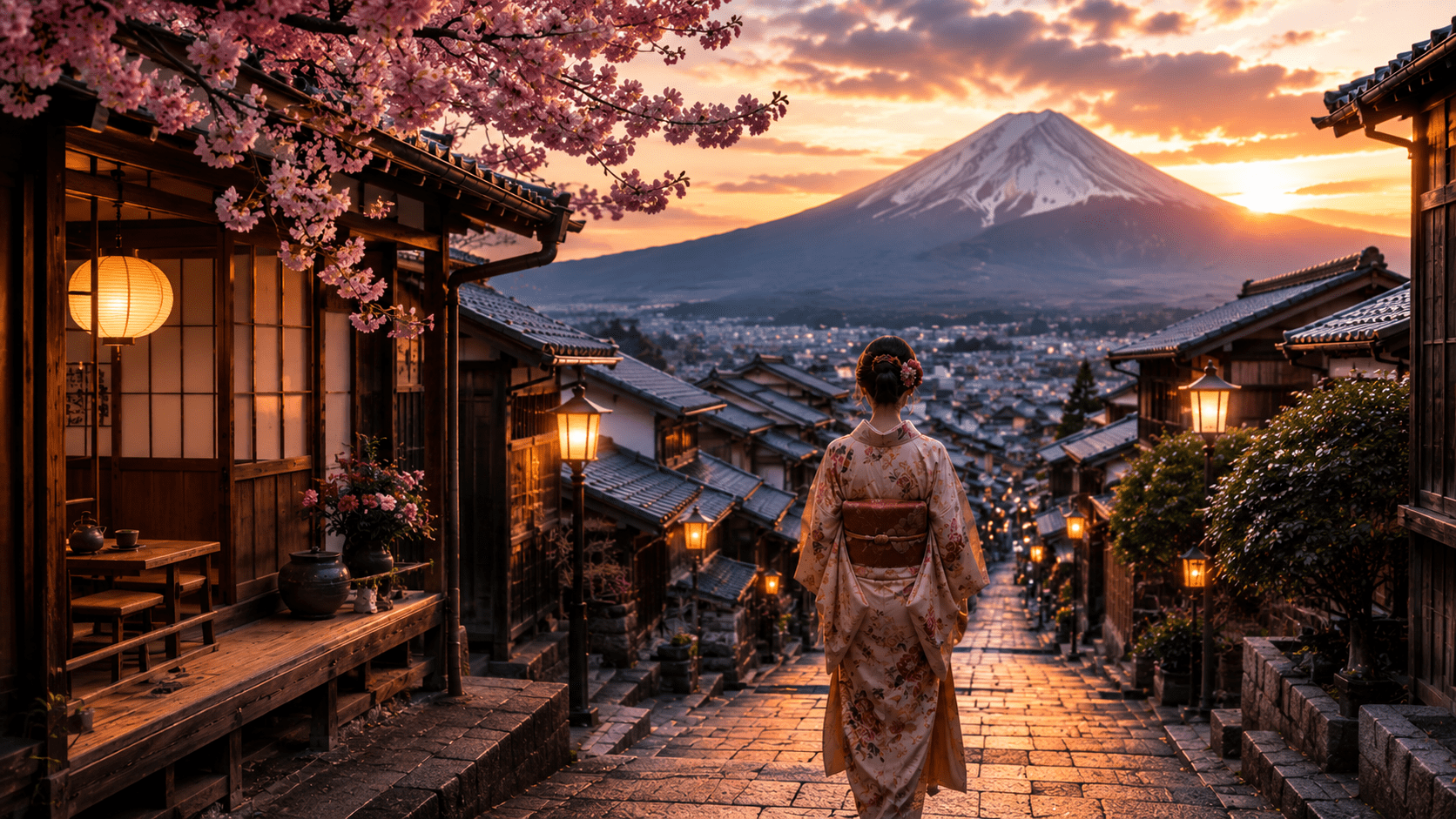 Rua tradicional japonesa ao entardecer com casas de madeira iluminadas, cerejeiras floridas, mulher de quimono caminhando e Monte Fuji ao fundo.