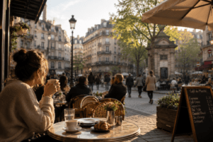 Pessoa tomando café em uma cidade da Europa