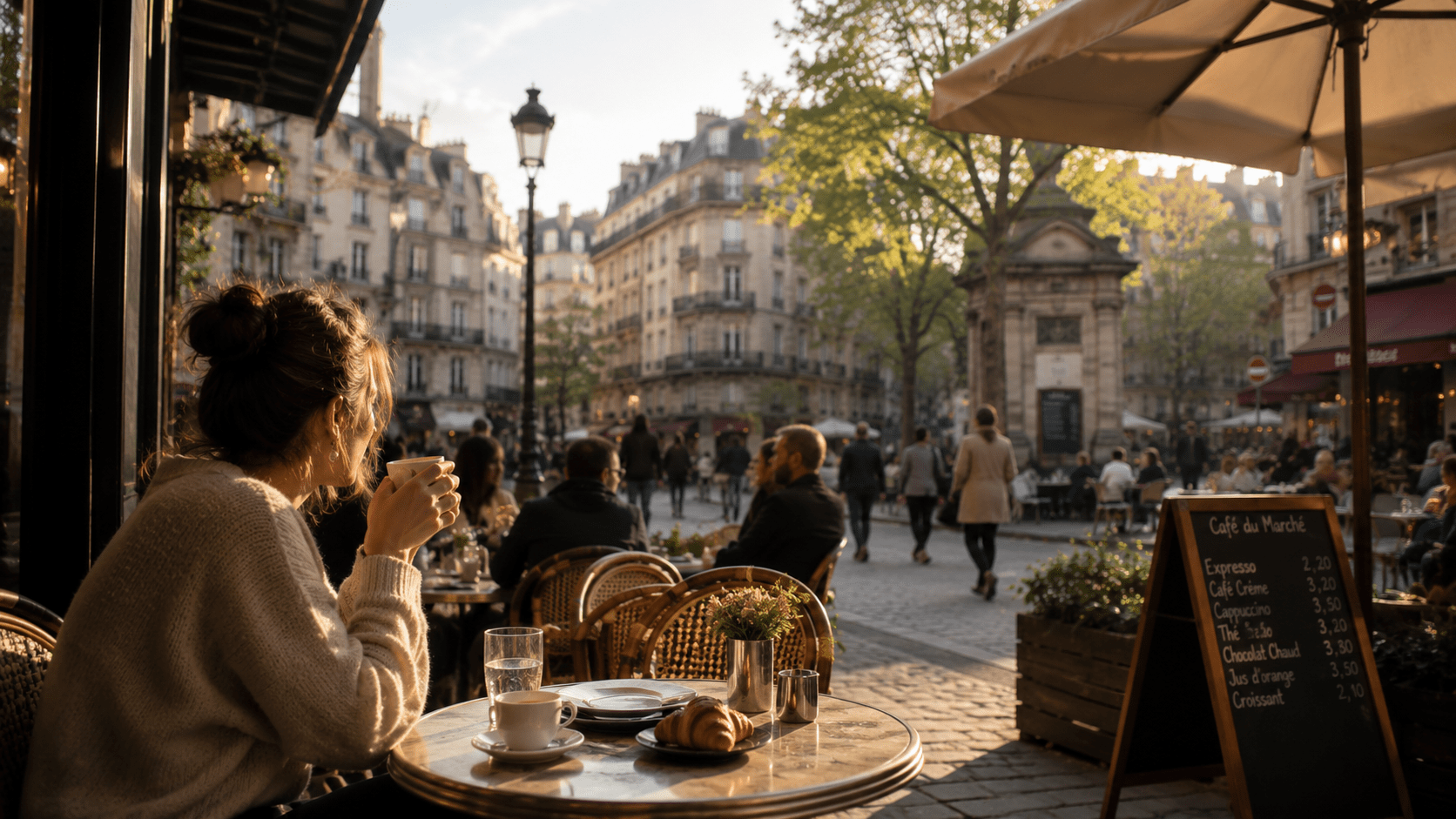 Pessoa tomando café em uma cidade da Europa