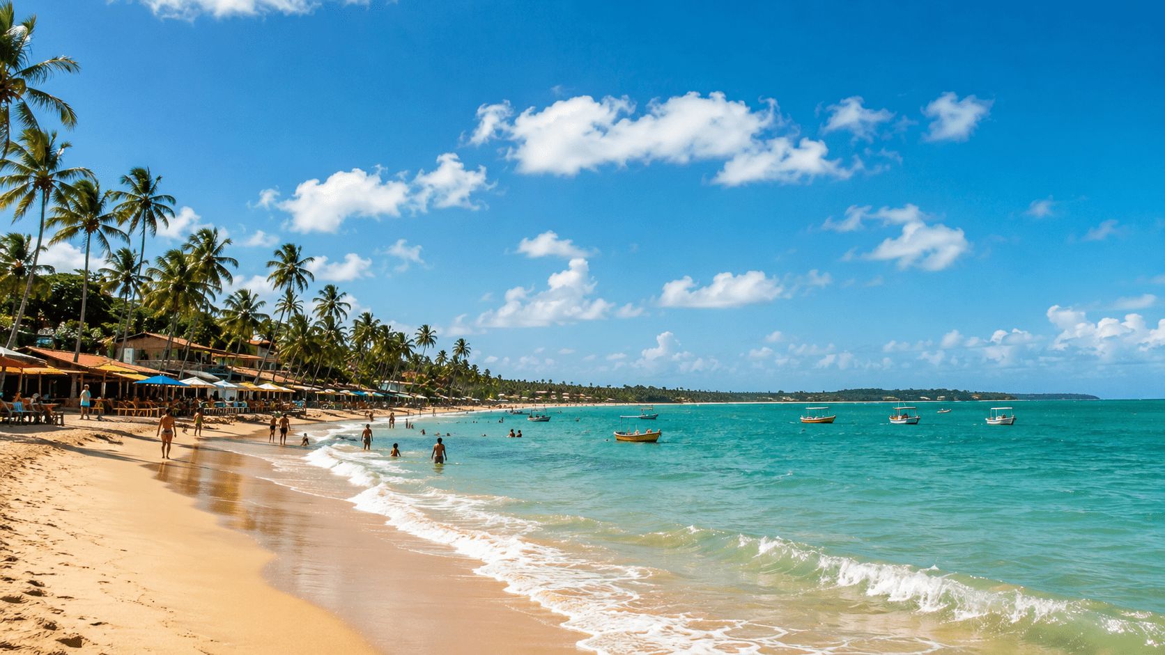 praia tropical no Nordeste com mar azul-turquesa, coqueiros, areia clara e barcos próximos à costa