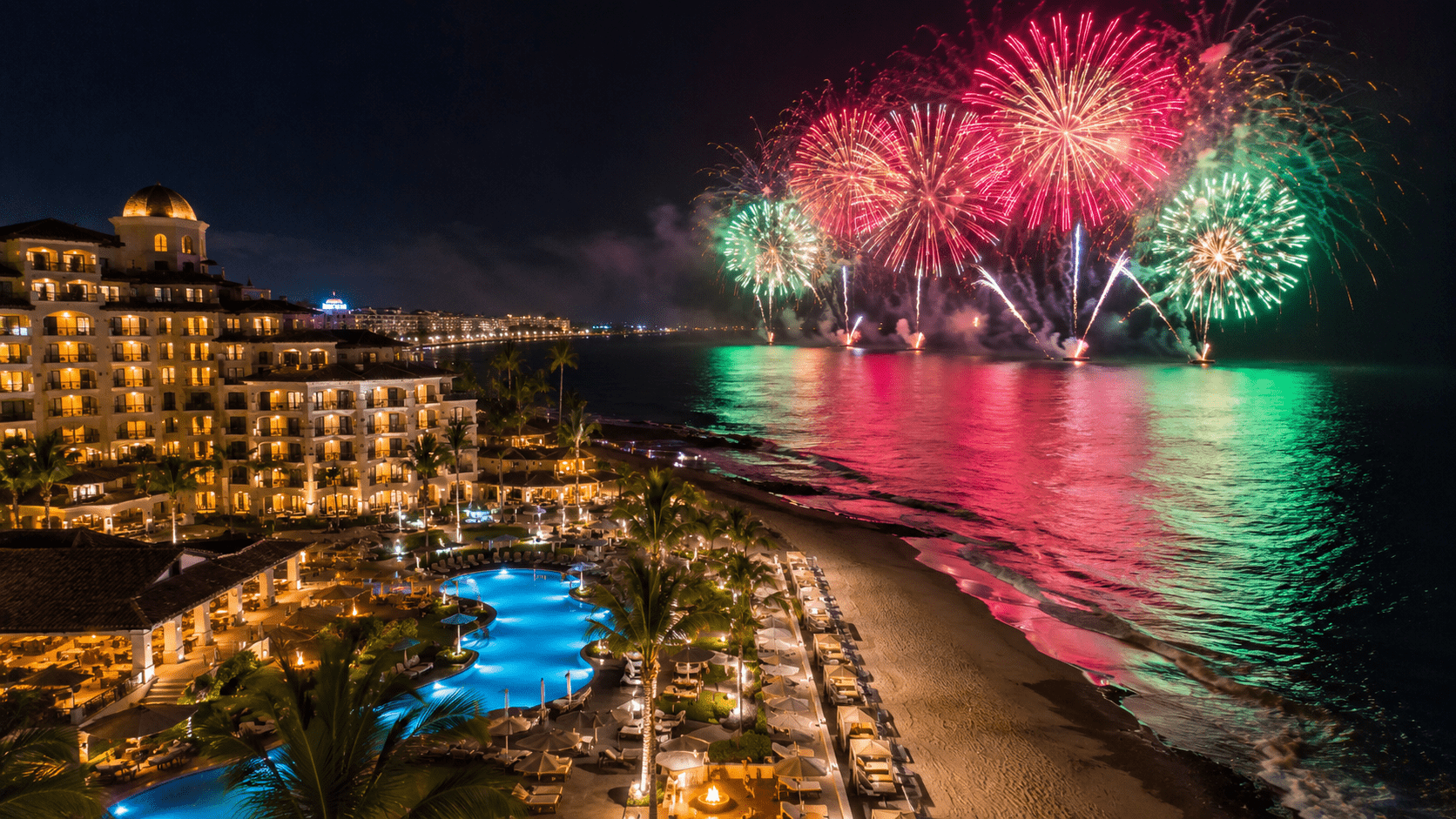 Resort à beira-mar em praia brasileira durante o réveillon com fogos de artifício coloridos sobre o mar à noite