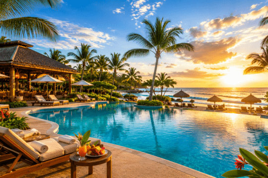 Resort tropical à beira-mar com piscina, coqueiros e pôr do sol no litoral do Nordeste