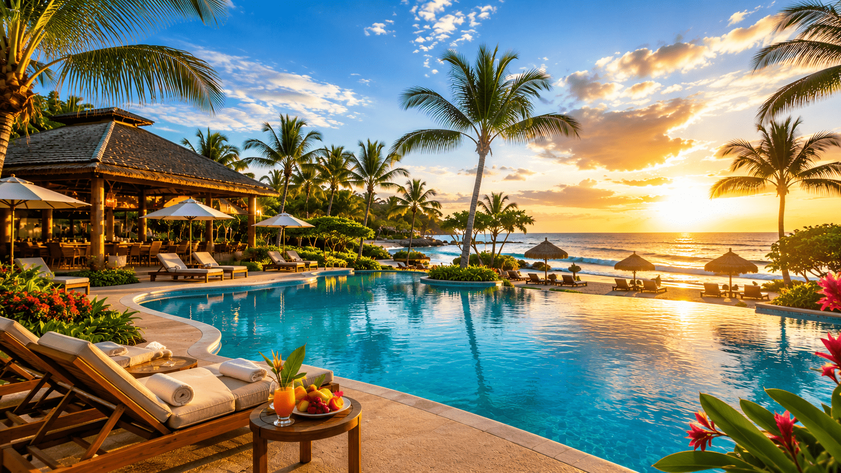 Resort tropical à beira-mar com piscina, coqueiros e pôr do sol no litoral do Nordeste