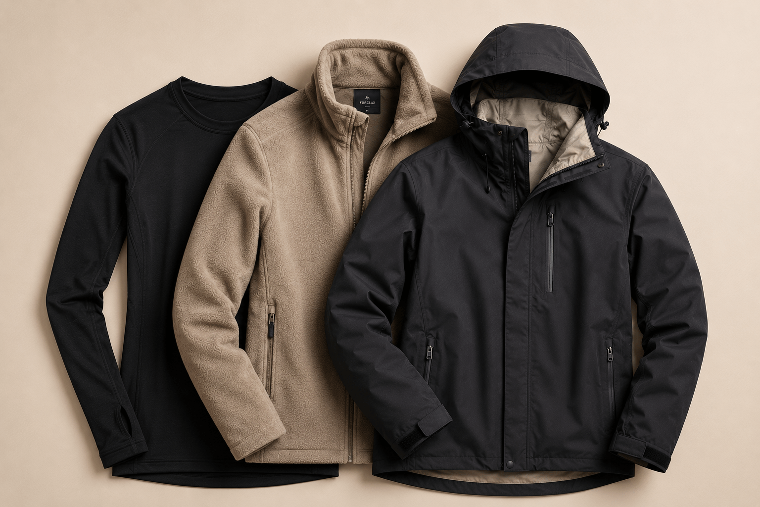 Três peças de roupa usadas em camadas para frio intenso segunda pele preta, fleece bege e jaqueta impermeável preta sobre fundo claro.