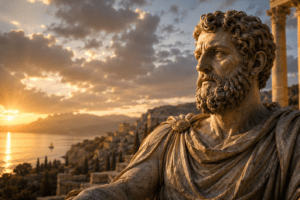 Estátua inspirada em filósofo da Roma Antiga observando o pôr do sol entre ruínas clássicas à beira-mar.