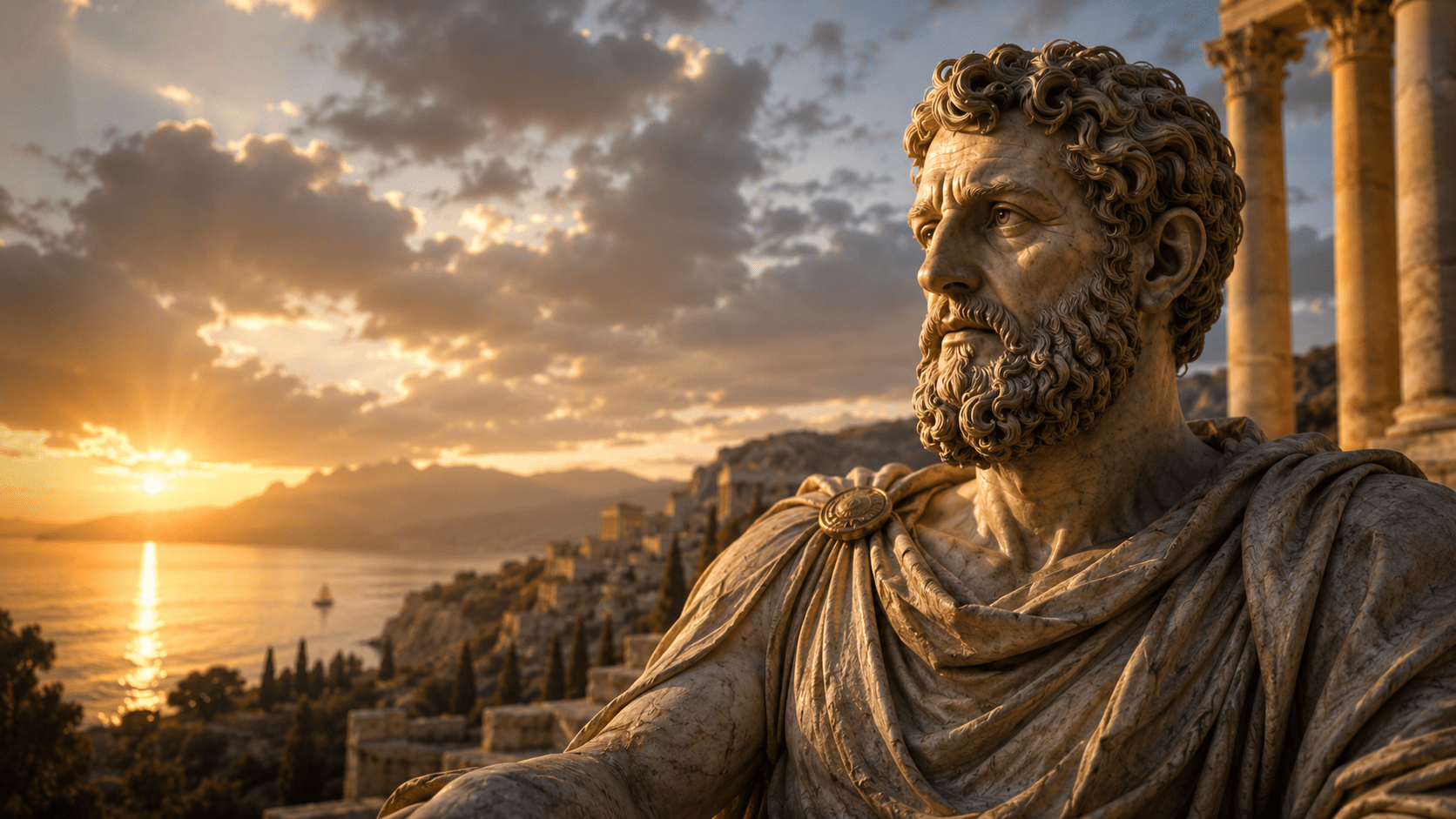 Estátua inspirada em filósofo da Roma Antiga observando o pôr do sol entre ruínas clássicas à beira-mar.