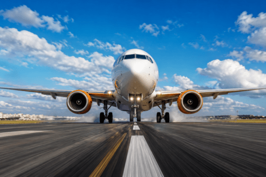 Avião com detalhes em laranja prestes a decolar