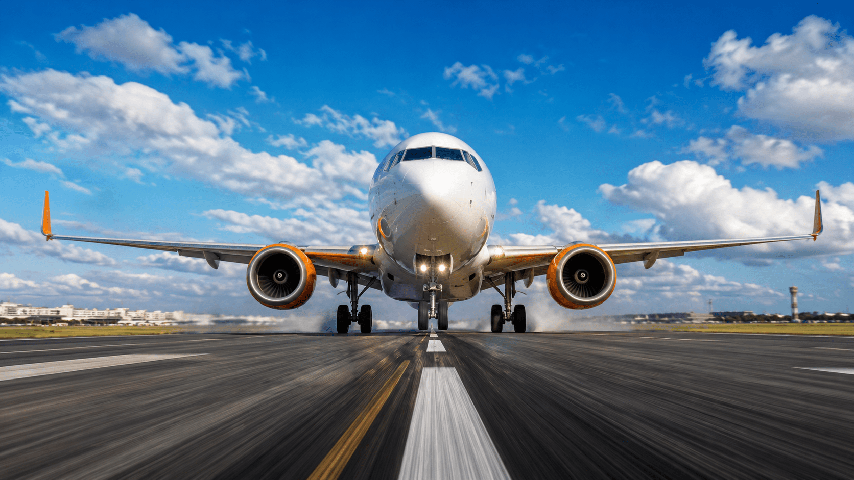 Avião com detalhes em laranja prestes a decolar