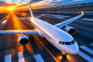 Avião comercial branco acelerando na pista durante o pôr do sol em aeroporto, com luz dourada refletida no asfalto e céu alaranjado ao fundo.