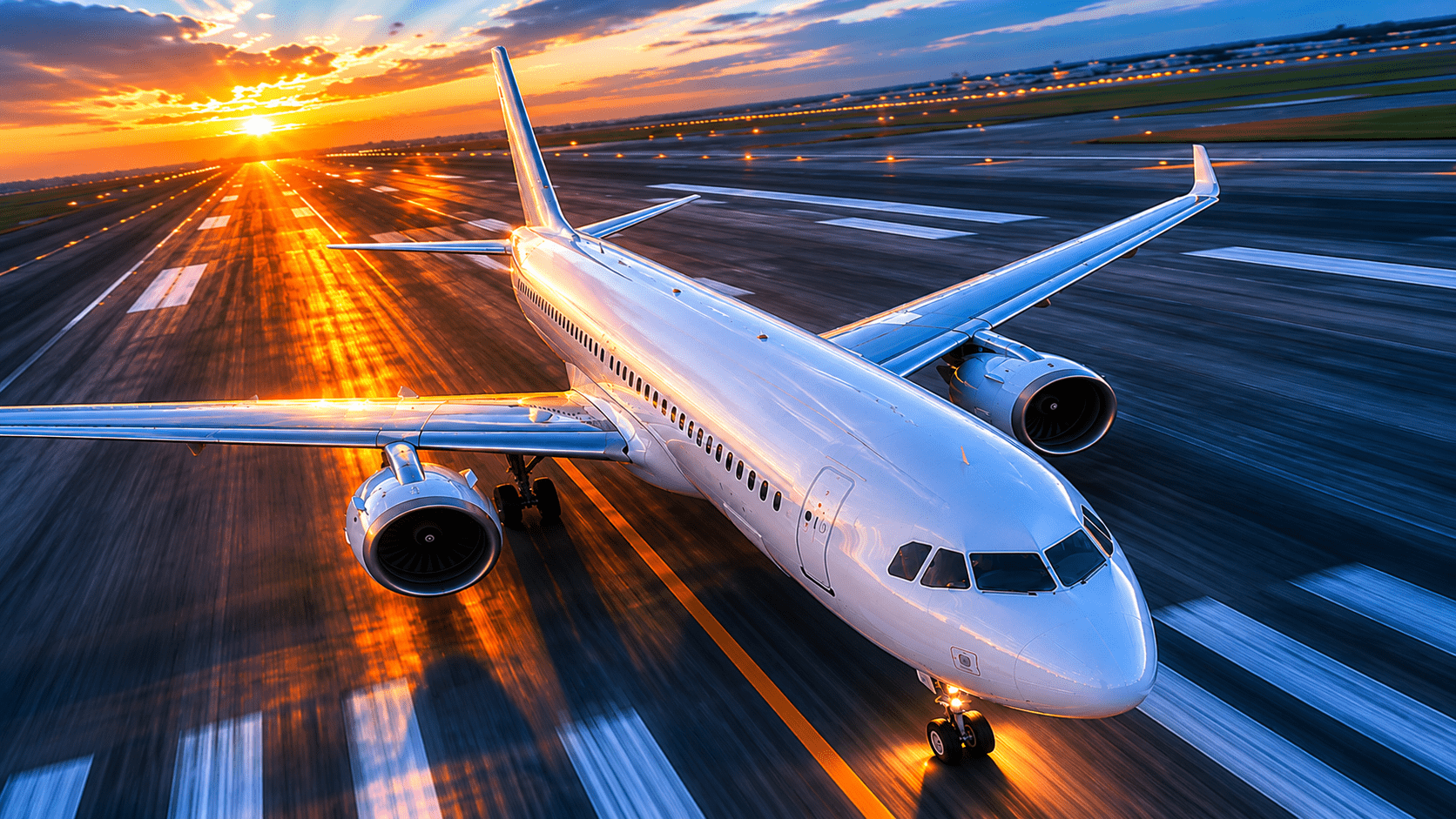 Avião comercial branco acelerando na pista durante o pôr do sol em aeroporto, com luz dourada refletida no asfalto e céu alaranjado ao fundo.