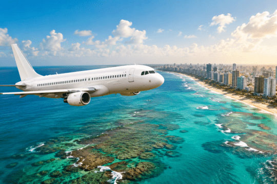 Avião comercial branco sobrevoando o litoral de Recife, com o mar azul-turquesa, arrecifes visíveis na água e a orla urbana ao fundo em dia de céu aberto.