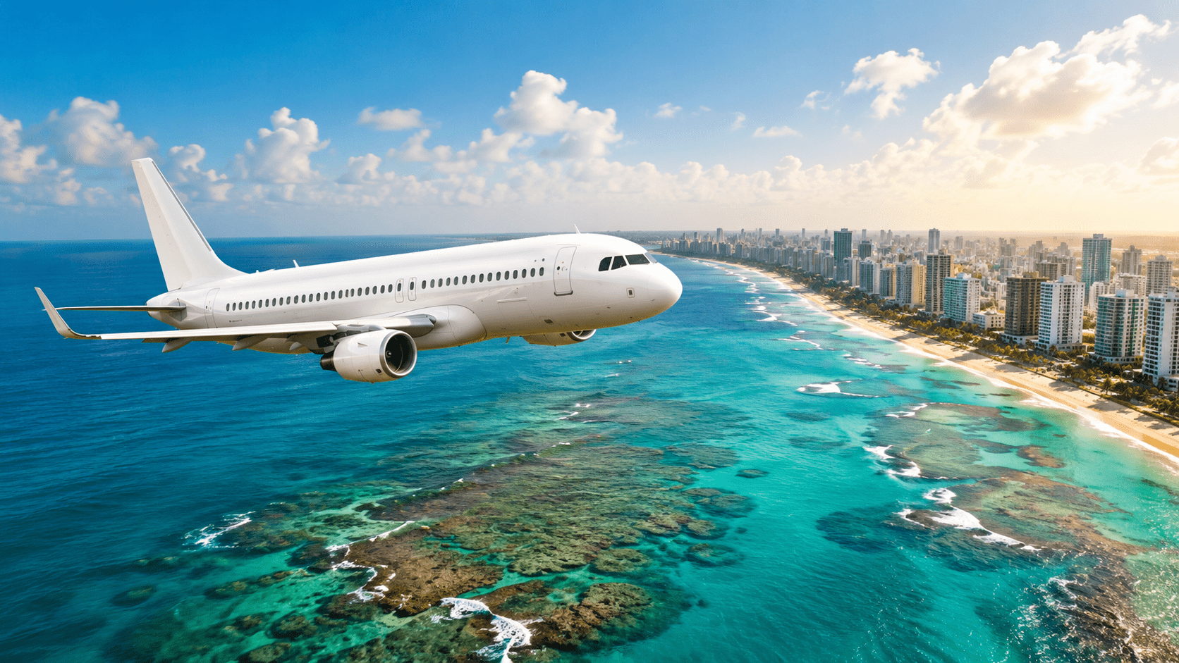 Avião comercial branco sobrevoando o litoral de Recife, com o mar azul-turquesa, arrecifes visíveis na água e a orla urbana ao fundo em dia de céu aberto.