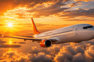 Avião comercial com detalhes laranja sobrevoando nuvens ao pôr do sol