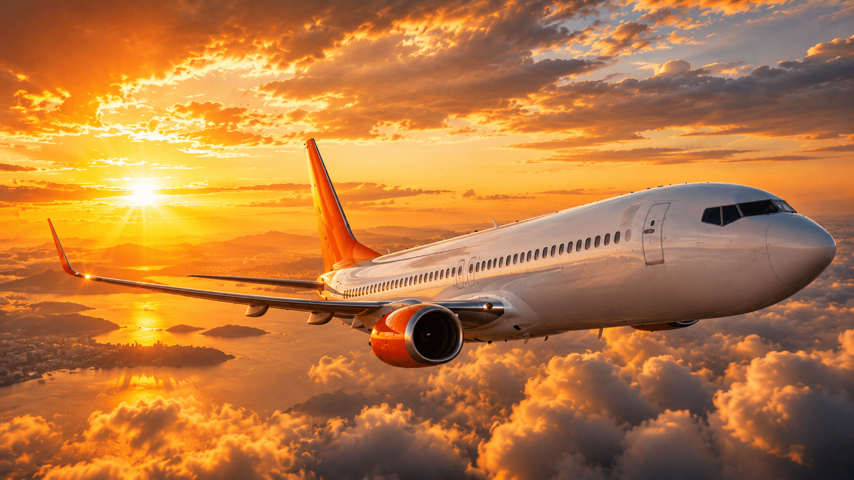 Avião comercial com detalhes laranja sobrevoando nuvens ao pôr do sol