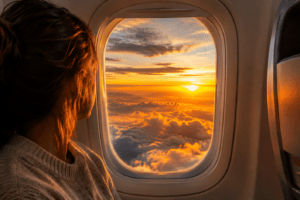 Pessoa observando o pôr do sol pela janela de um avião durante o voo.