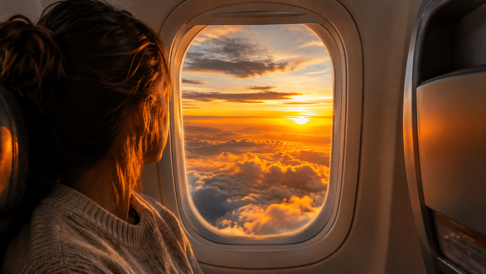 Pessoa observando o pôr do sol pela janela de um avião durante o voo.
