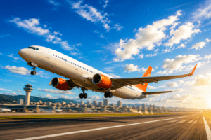 Avião comercial com detalhes em laranja decolando de aeroporto